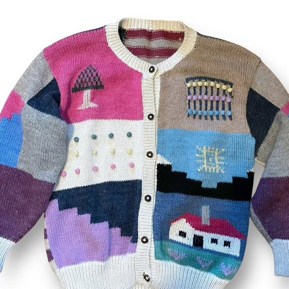Vintage 80s Womens Cardigan Sz Small Medium Handknit Boho Wool Farmhouse Bobble - Picture 3 of 7